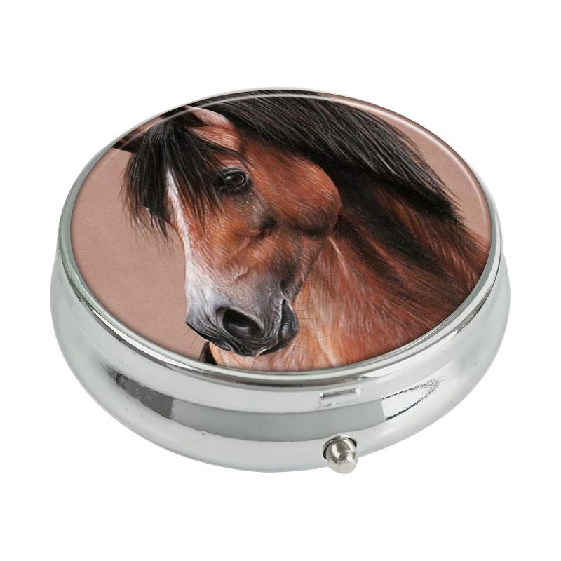 Brown Horse Round Pill Box 3 Compartment Decorative Portable Medicine Organizer