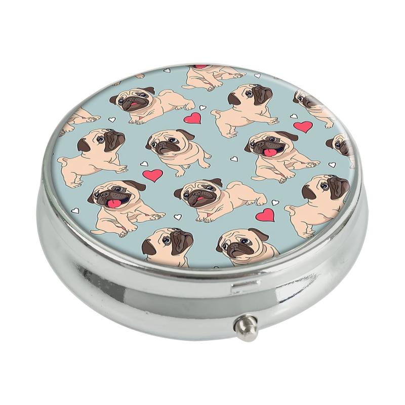 Pug Dog Red Heart Round Pill Box 3 Compartment Portable Medicine Tablet Holder