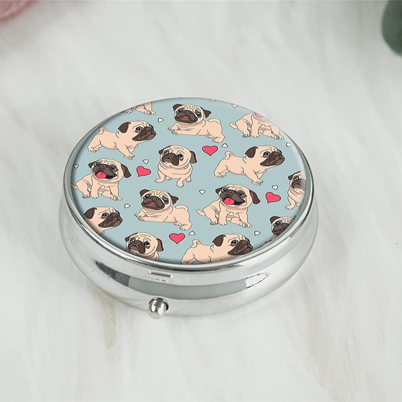 Pug Dog Red Heart Round Pill Box 3 Compartment Portable Medicine Tablet Holder