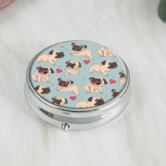 Pug Dog Red Heart Round Pill Box 3 Compartment Portable Medicine Tablet Holder