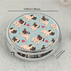 Pug Dog Red Heart Round Pill Box 3 Compartment Portable Medicine Tablet Holder