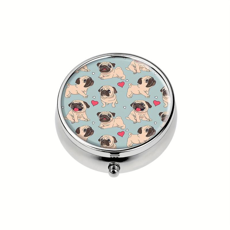 Pug Dog Red Heart Round Pill Box 3 Compartment Portable Medicine Tablet Holder