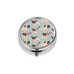 Pug Dog Red Heart Round Pill Box 3 Compartment Portable Medicine Tablet Holder