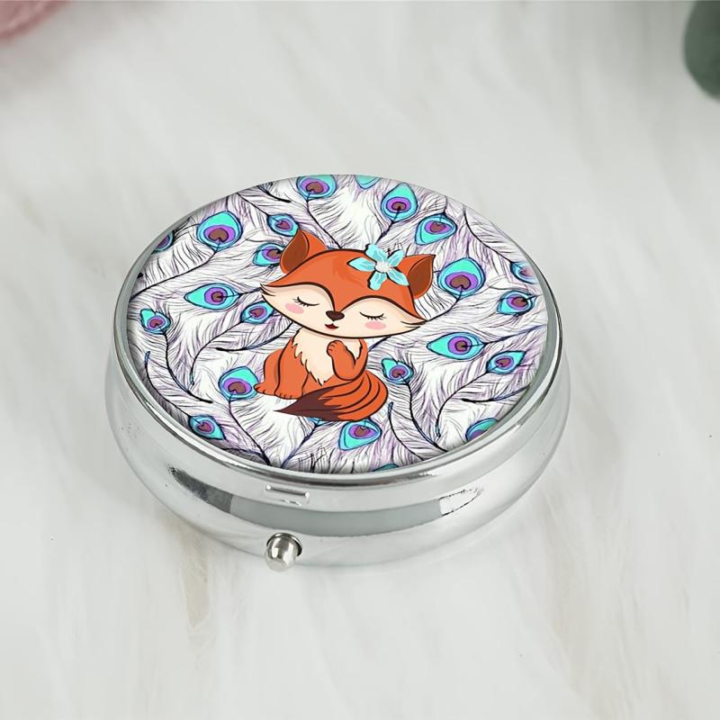 Fox Round Pill Box 3 Compartment Decorative Travel Pill Case