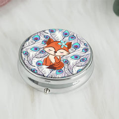 Fox Round Pill Box 3 Compartment Decorative Travel Pill Case