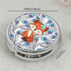 Fox Round Pill Box 3 Compartment Decorative Travel Pill Case