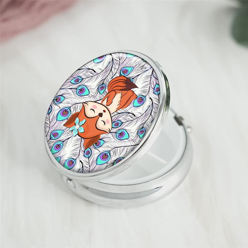Fox Round Pill Box 3 Compartment Decorative Travel Pill Case