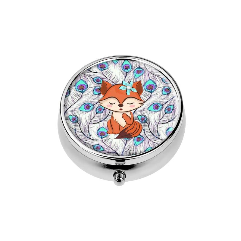 Fox Round Pill Box 3 Compartment Decorative Travel Pill Case