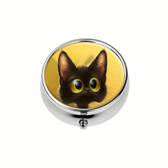 Cat Round Pill Box 3 Compartment Decorative Travel Medicine Tablet Organizer