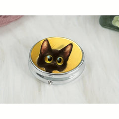 Cat Round Pill Box 3 Compartment Decorative Travel Medicine Tablet Organizer