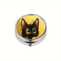 Cat Round Pill Box 3 Compartment Decorative Travel Medicine Tablet Organizer