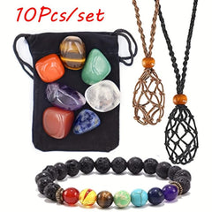 10pcs 7 Chakra Crystal Stone Set with Gemstone Bangle Necklace - Spiritual Gift