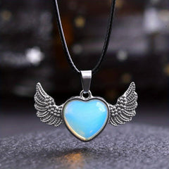 Healing Crystal Heart Pendant Necklace with Wings - Positive Energy Jewelry Gift
