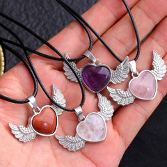Healing Crystal Heart Pendant Necklace with Wings - Positive Energy Jewelry Gift