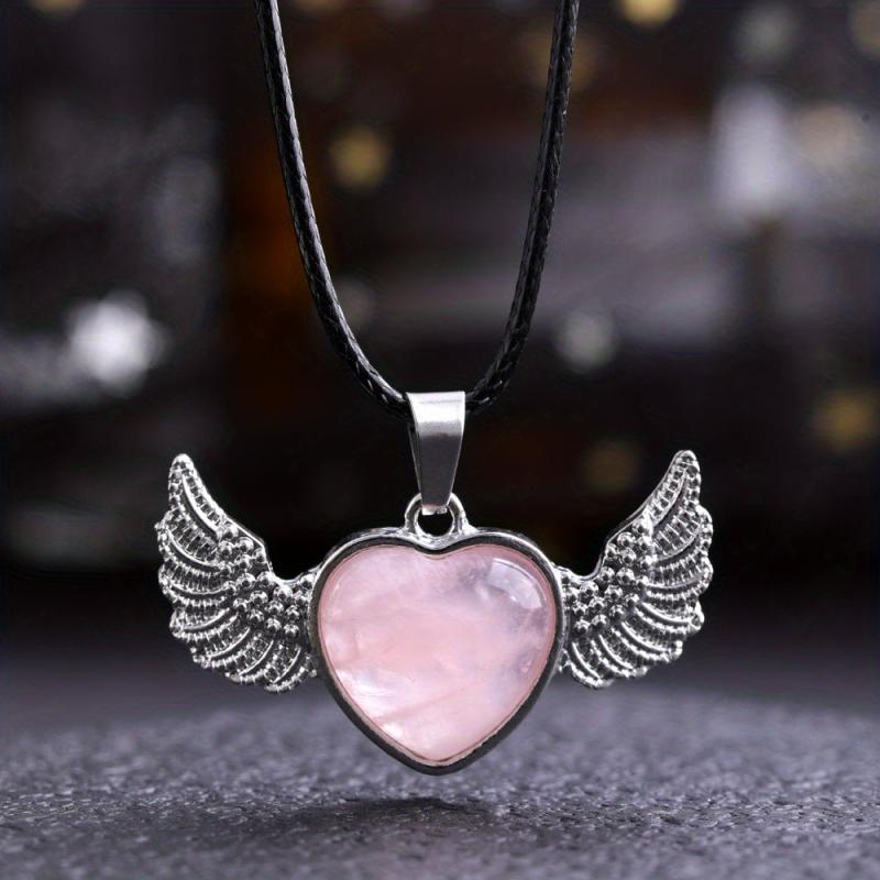 Healing Crystal Heart Pendant Necklace with Wings - Positive Energy Jewelry Gift