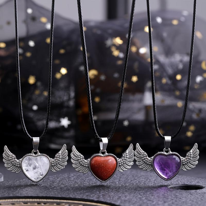 Healing Crystal Heart Pendant Necklace with Wings - Positive Energy Jewelry Gift