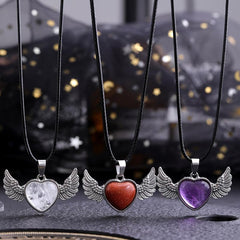 Healing Crystal Heart Pendant Necklace with Wings - Positive Energy Jewelry Gift