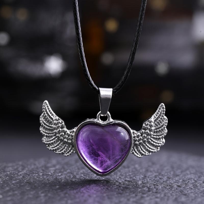 Healing Crystal Heart Pendant Necklace with Wings - Positive Energy Jewelry Gift