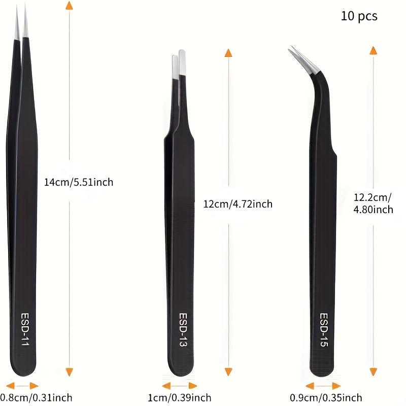 10pcs Precision Tweezers Set Anti Static Stainless Steel Eyebrow Tweezers