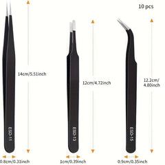 10pcs Precision Tweezers Set Anti Static Stainless Steel Eyebrow Tweezers