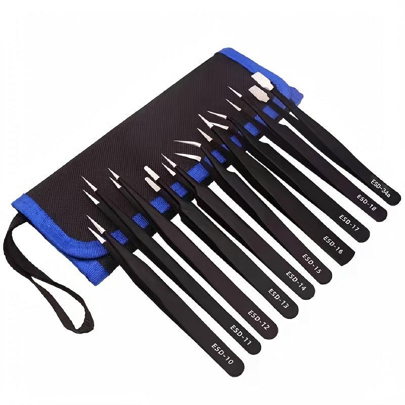 10pcs Precision Tweezers Set Anti Static Stainless Steel Eyebrow Tweezers