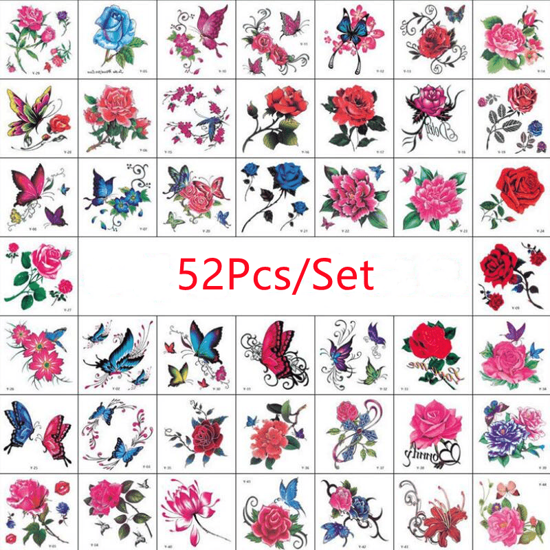 52pcs Flower & Butterfly Temporary Tattoo Stickers Waterproof Body Art