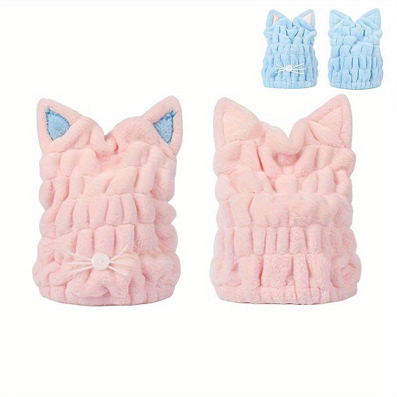 Coral Velvet Cat Ear Hair Towel Wrap Microfiber Absorbent Turban for Wet Hair