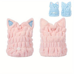 Coral Velvet Cat Ear Hair Towel Wrap Microfiber Absorbent Turban for Wet Hair