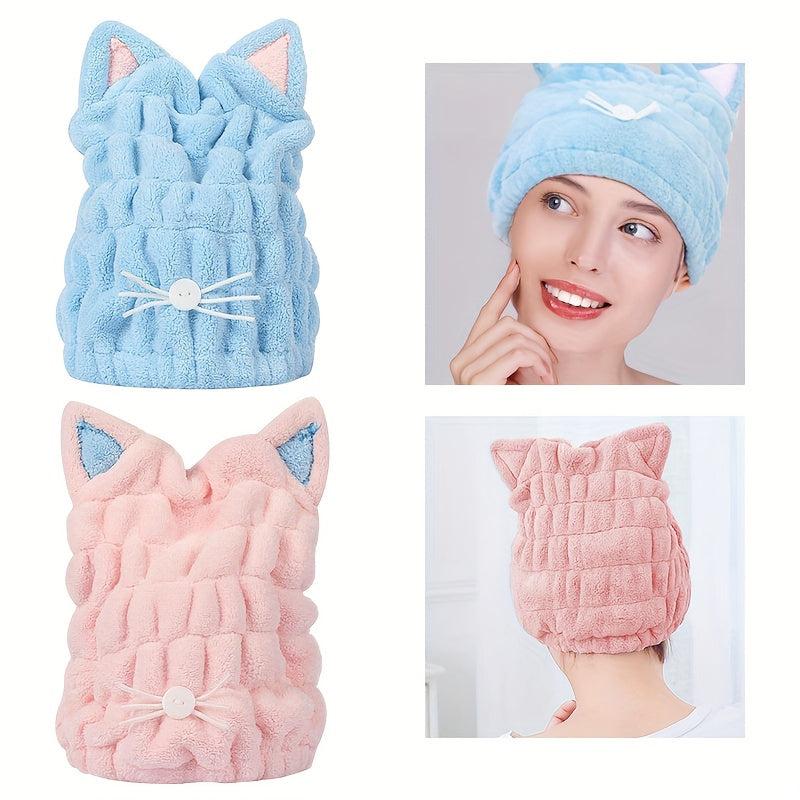 Coral Velvet Cat Ear Hair Towel Wrap Microfiber Absorbent Turban for Wet Hair