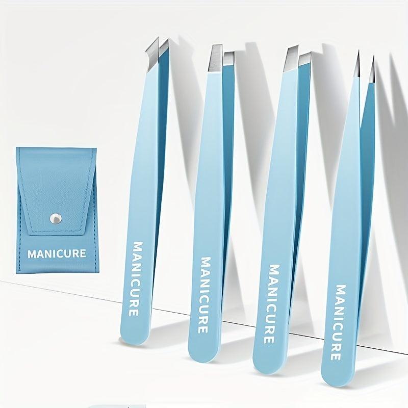 4Pcs Tweezers Set with Leather Case for Women