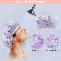 2pcs Double Layer Shower Caps Adjustable Printed Bonnet