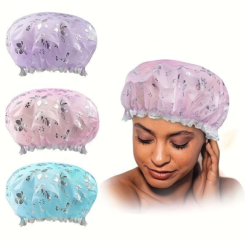 2pcs Double Layer Shower Caps Adjustable Printed Bonnet