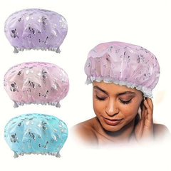 2pcs Double Layer Shower Caps Adjustable Printed Bonnet