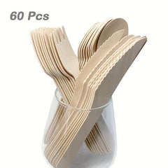 60Pcs Wooden Tableware Fork Spoon Set for Parties Wedding Banquets