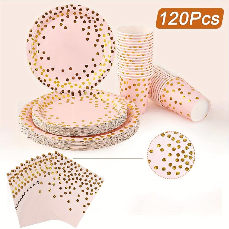 120pcs Pink and Golden Disposable Cutlery Set Party Supplies