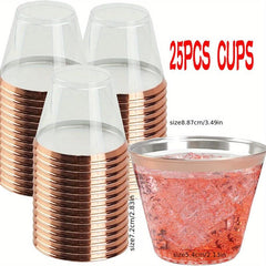 25pcs Golden Plastic Cups 9 Oz Clear Disposable Cups With Golden Rim