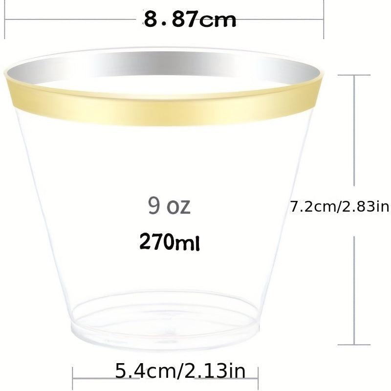 25pcs Golden Plastic Cups 9 Oz Clear Disposable Cups With Golden Rim