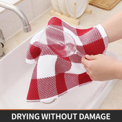 6pcs Waffle Weave Plaid Dish Cloths Soft & Absorbent Towels Red Christmas Style