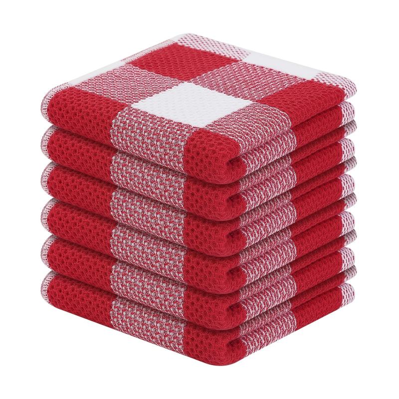 6pcs Waffle Weave Plaid Dish Cloths Soft & Absorbent Towels Red Christmas Style