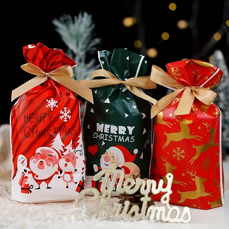 10pcs Christmas Gift Bags Ribbon Drawstring Treat Bags For Biscuit