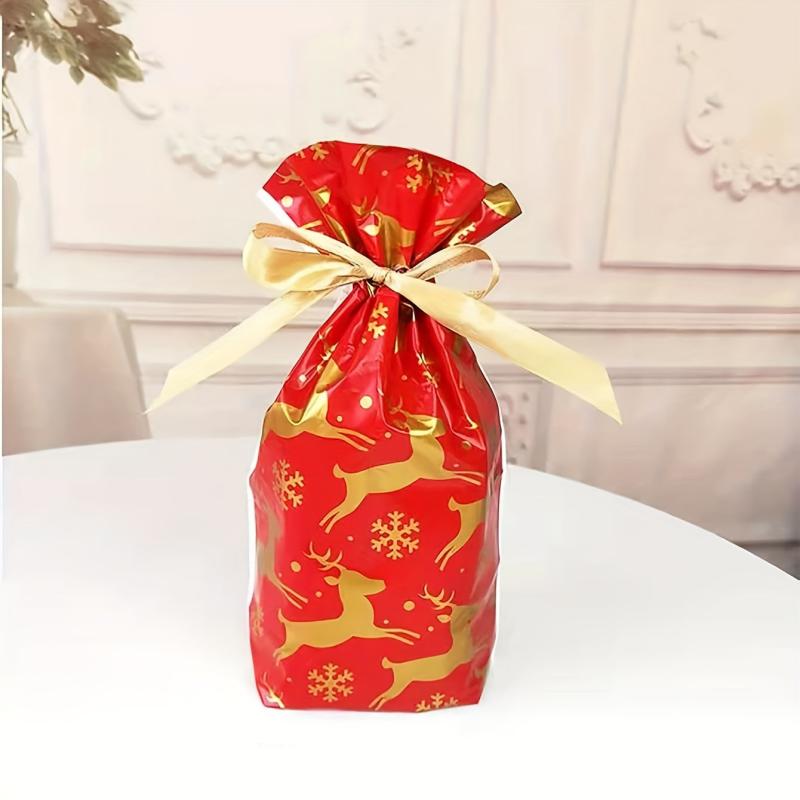 10pcs Christmas Gift Bags Ribbon Drawstring Treat Bags For Biscuit