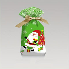 10pcs Christmas Gift Bags Ribbon Drawstring Santa Elk Printed Goodie Bags