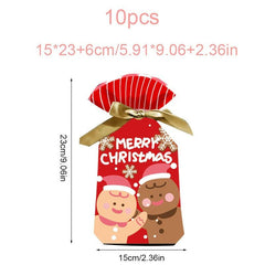 10pcs Christmas Gift Bags Ribbon Drawstring Santa Elk Printed Goodie Bags
