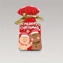 10pcs Christmas Gift Bags Ribbon Drawstring Santa Elk Printed Goodie Bags