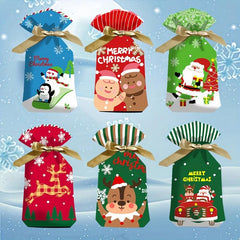10pcs Christmas Gift Bags Ribbon Drawstring Santa Elk Printed Goodie Bags