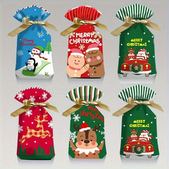 10pcs Christmas Gift Bags Ribbon Drawstring Santa Elk Printed Goodie Bags