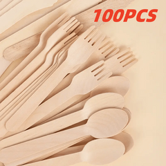 100pcs Wooden Disposable Party Utensils Set