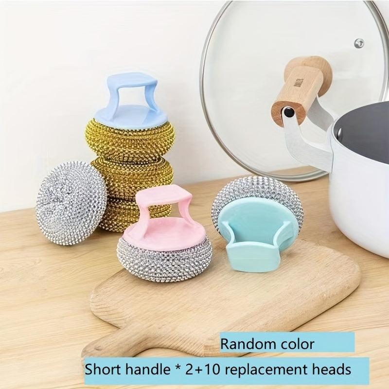 10pcs Kitchen Brush Pot Cleaning Ball Non-stick Pan Handle Steel Ball Brush