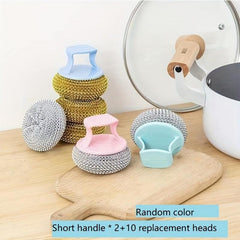 10pcs Kitchen Brush Pot Cleaning Ball Non-stick Pan Handle Steel Ball Brush