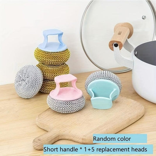 10pcs Kitchen Brush Pot Cleaning Ball Non-stick Pan Handle Steel Ball Brush